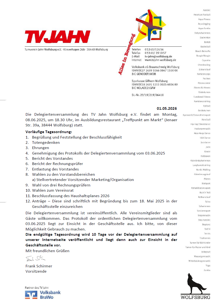 Einladung zur Delegiertenversammlung des TV Jahn Wolfsburg