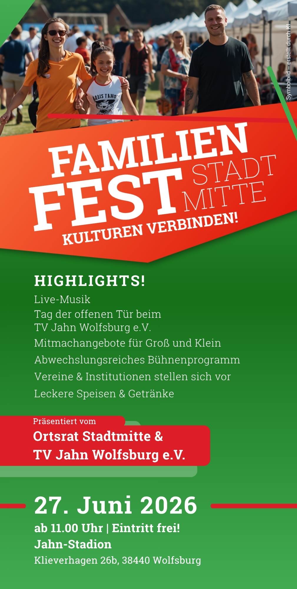 Familienfest Stadtmitte Flyer mit einem Bild einer Familie und dem Veranstaltungsdatum 27. Juni 2026